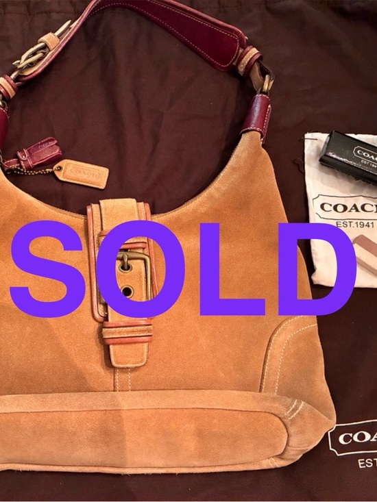 Coach Handbags - Vintage Coach Suede Hobo Bag in Tan with Burgundy Strap + Coach Suede Care Kit